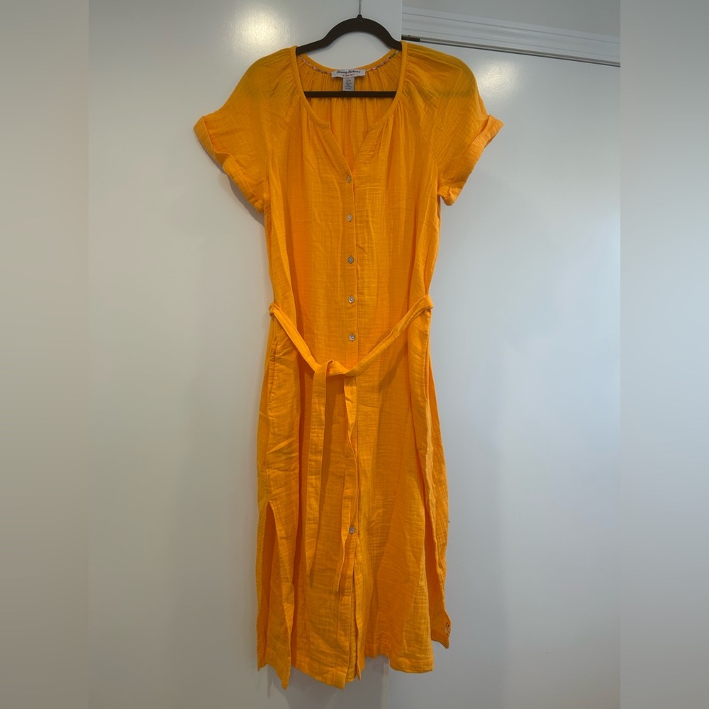 Tommy Bahama Full Button Women’s Dress Island Soft Gold Size Small Tie Maxi - Picture 2 of 11